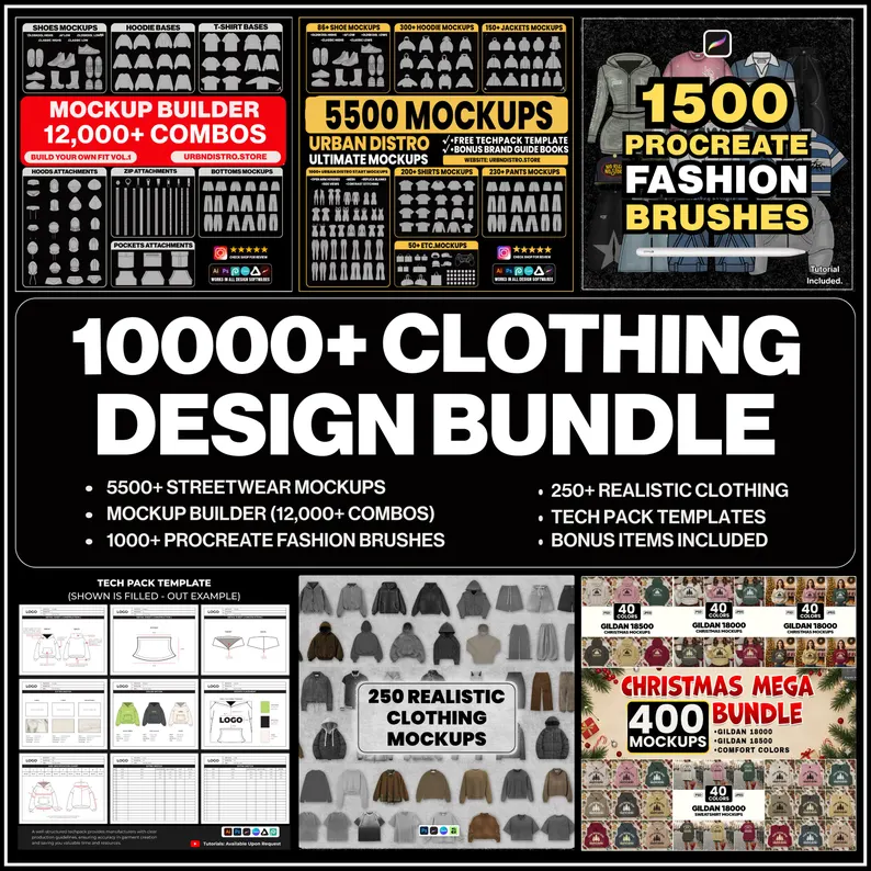 Ultimate Clothing Design Bundle – 10,000+ Mockups, Procreate Brushes & Tech Pack Templates (Instant Download)