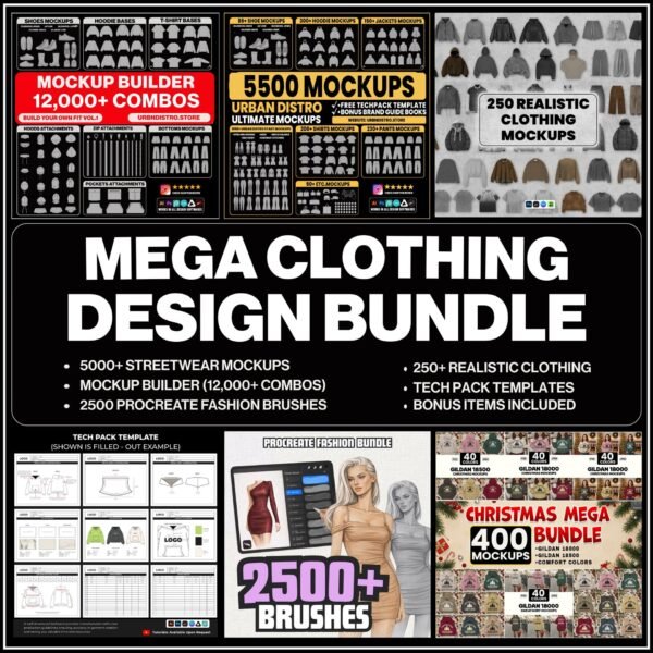 "fashion designer pack clothing mockups tech pack bundle" "streetwear mockup builder procreate brushes"