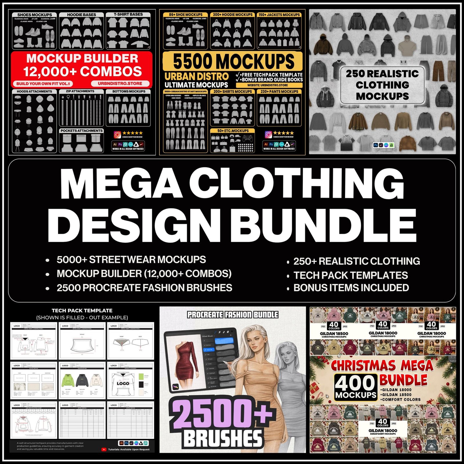 "fashion designer pack clothing mockups tech pack bundle" "streetwear mockup builder procreate brushes"